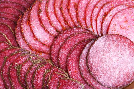 Slices of salami, macro viewの写真素材