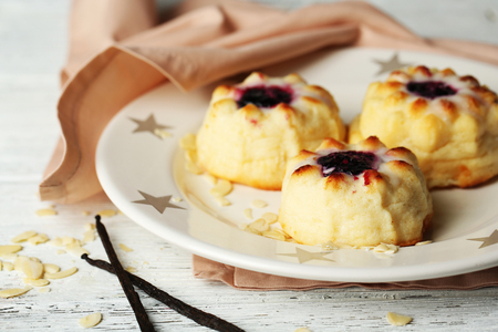 Delicious cheesecakes on wooden tableの写真素材