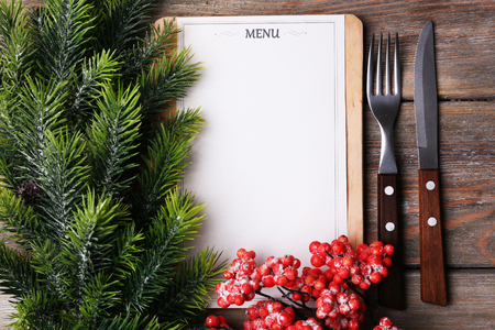 Menu board with Christmas decoration on wooden planks backgroundの写真素材