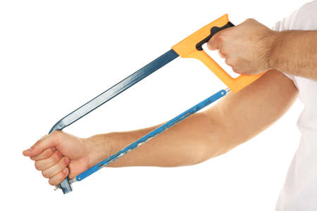Male hand with hacksaw isolated on whiteの写真素材