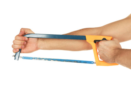 Male hand with hacksaw isolated on whiteの写真素材