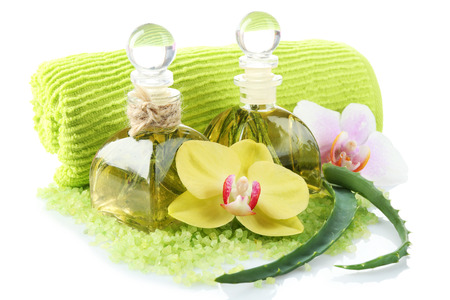 Spa treatments with orchid flower isolated on whiteの写真素材
