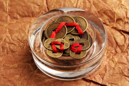 Feng shui coins on table close-up