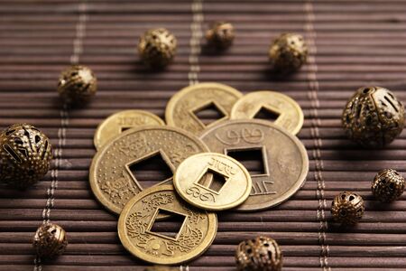 Feng shui coins on table close-upの写真素材