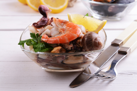 Tasty seafood on plate on table close-upの写真素材