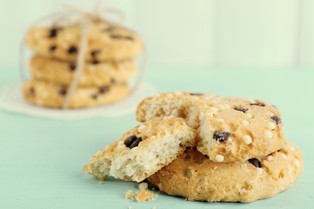 Tasty cookies on color wooden backgroundの写真素材