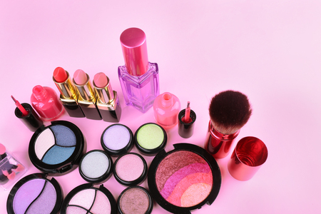 Set of decorative cosmetics on light colorful backgroundの写真素材