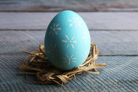 Bird colorful egg in nest wooden backgroundの写真素材
