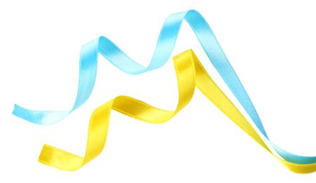 Colorful blue and yellow ribbons isolated on whiteの写真素材