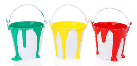 Buckets of paints isolated on whiteの写真素材