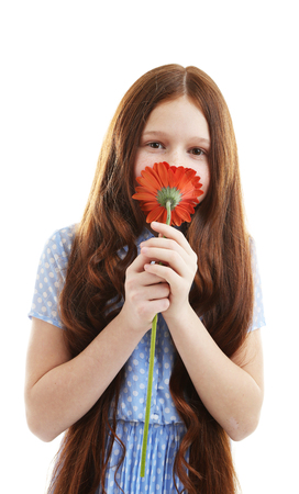 Beautiful little girl with flower, isolated on whiteの写真素材