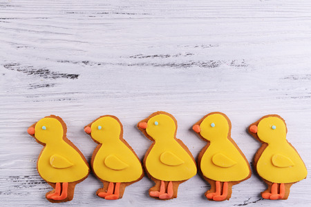Delicious Easter cookies on wooden backgroundの写真素材