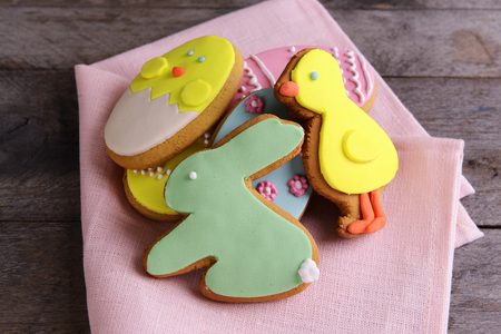 Delicious Easter cookies on table close-up