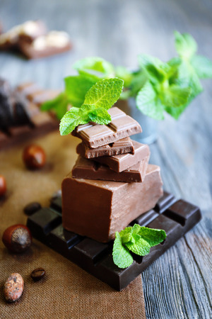 Set of spicy chocolate on wooden table, closeupの写真素材