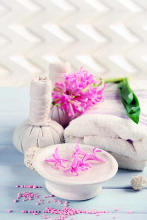 Beautiful spa composition with hyacinth flowers, close upの写真素材