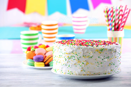 Birthday cake on colorful backgroundの写真素材