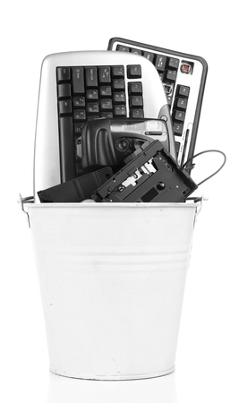 Old computer equipment isolated on whiteの写真素材