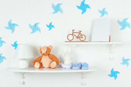 Baby accessories on shelves close-upの写真素材