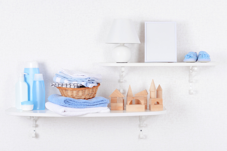 Baby accessories on shelves close-upの写真素材