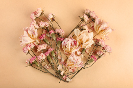 Dried flowers in shape of heart on beige backgroundの写真素材