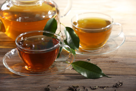 Cups of green tea on table close-upの写真素材