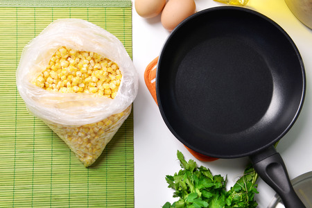 Ingredients for cooking on kitchen table close upの写真素材