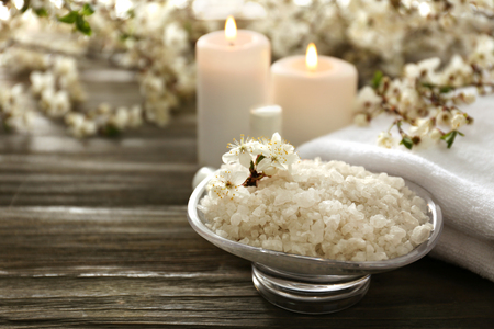 Spa still life with flowering branches on wooden table, closeupの写真素材