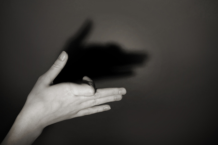 Hand gesture like dog face on gray backgroundの写真素材
