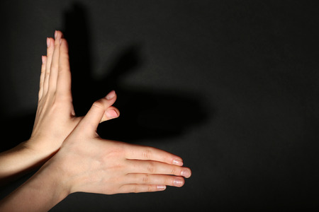 Female hands creating flying bird shadow on dark background