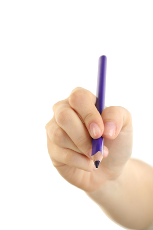 Female hand with colorful pencil isolated on whiteの写真素材