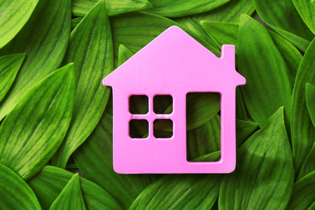 Wooden house on green leaves backgroundの写真素材
