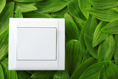 Light switch on green leaves backgroundの写真素材