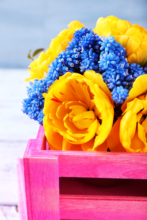 Composition with fresh spring flowers on wooden backgroundの写真素材