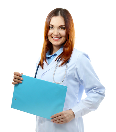 Beautiful doctor woman isolated on whiteの写真素材