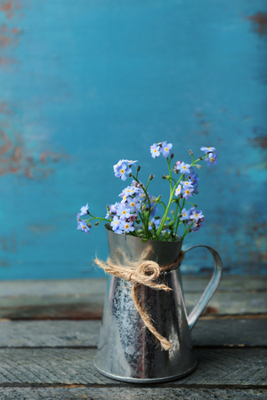 Composition with Forget-me-nots flowers on wooden backgroundの写真素材