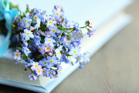 Forget-me-nots flowers on book, on wooden backgroundの写真素材