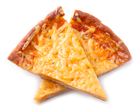 Slices of tasty cheese pizza isolated on whiteの写真素材