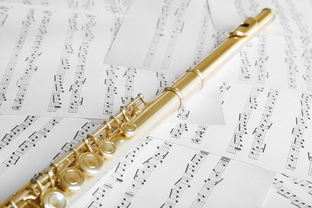 Flute on music notes backgroundの写真素材