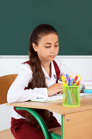 Beautiful little schoolgirl in classroom near blackboardの写真素材