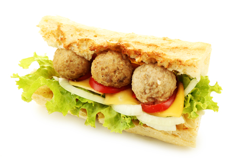 Homemade Spicy Meatball Sub Sandwich isolated on whiteの写真素材