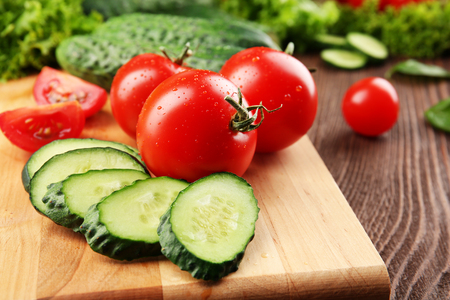 Fresh vegetables on wooden table, closeupの写真素材
