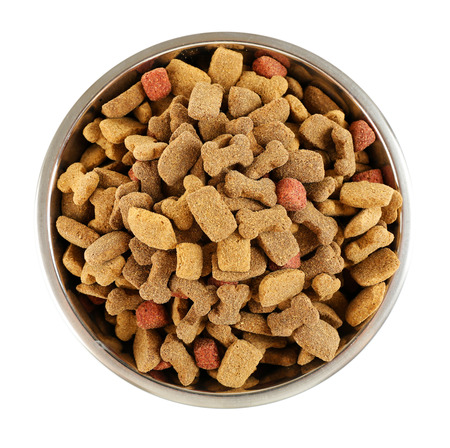 Dog food in bowl, isolated on white