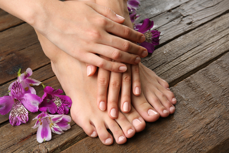 Female feet at spa pedicure procedureの写真素材