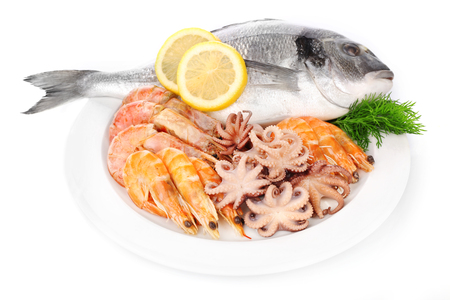 Fresh dorado fish and other seafood isolated on whiteの写真素材