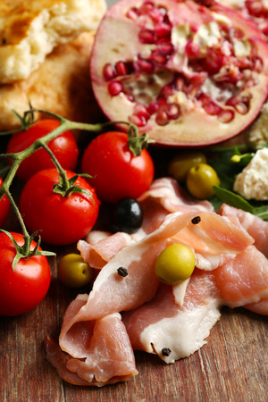Ingredients of Mediterranean cuisine, on wooden board backgroundの写真素材
