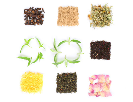 Various kinds of herbal tea and herbs isolated on white