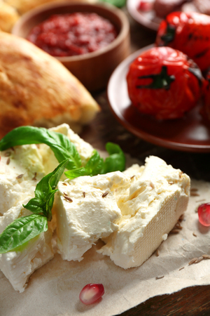 Ingredients of Mediterranean cuisine, on wooden board, close-upの写真素材