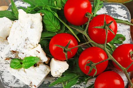 Ingredients of Mediterranean cuisine, on wooden board backgroundの写真素材