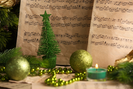Music notes with Christmas decoration close upの写真素材