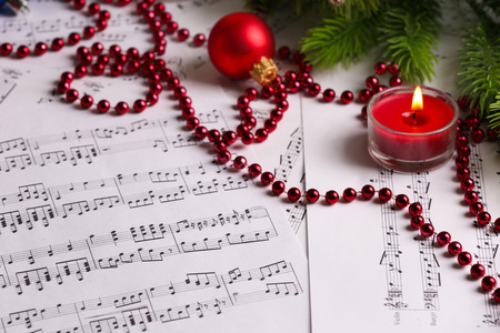 Music notes with Christmas decoration close upの写真素材